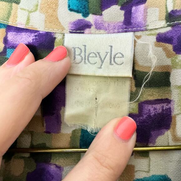 Bleyle VINTAGE teal purple cream block abstract print button up blouse LARGE - Picture 4 of 7